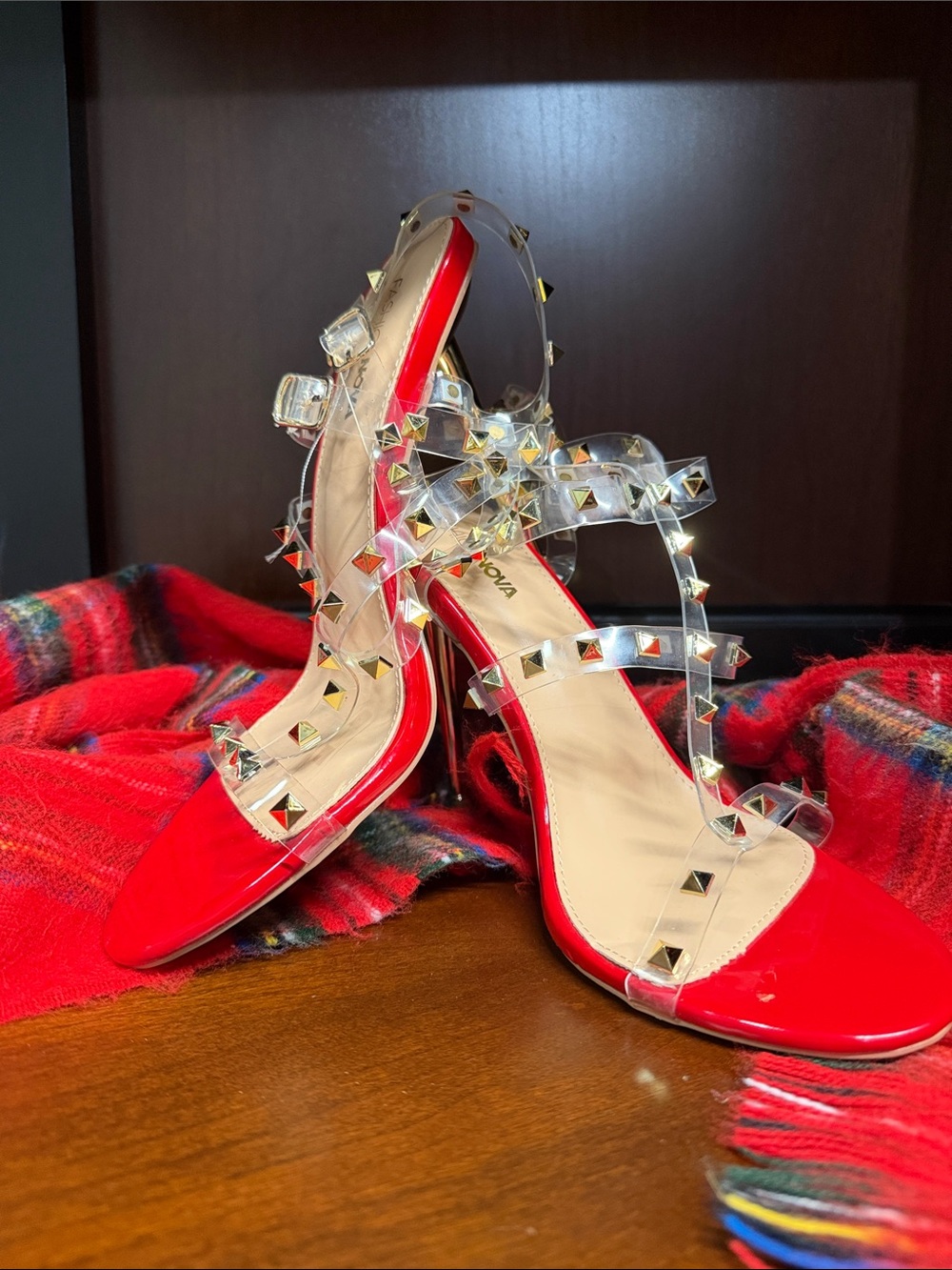 Fashion Nova Red Patent Studded Clear-Strap Heels